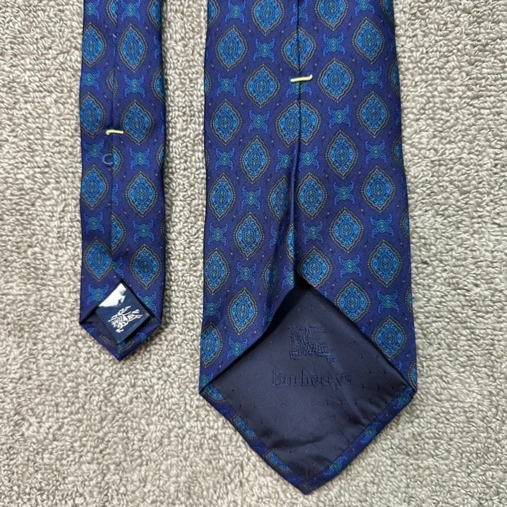 Burberrys of London Silk Tie Navy Blue Medallion Geometric Hand Sewn Vintage